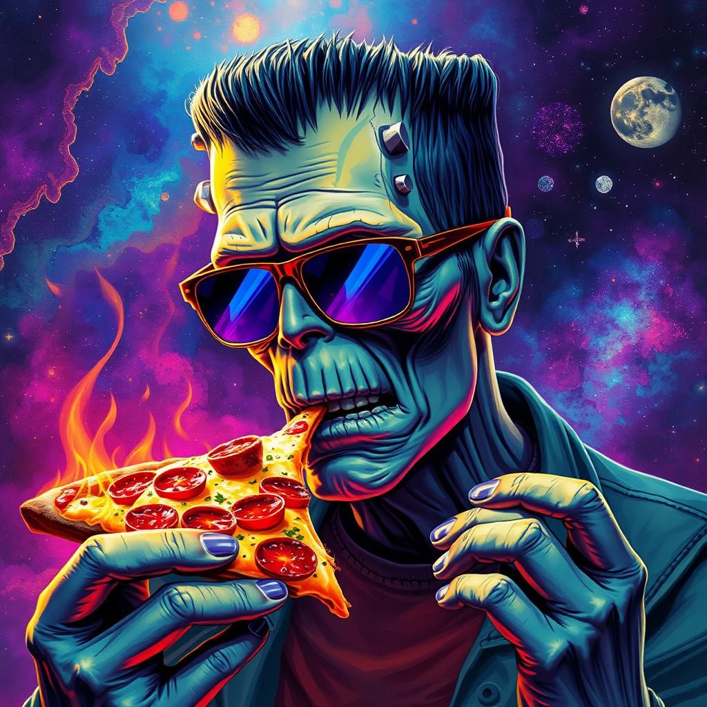 Frankenstein eating pizza