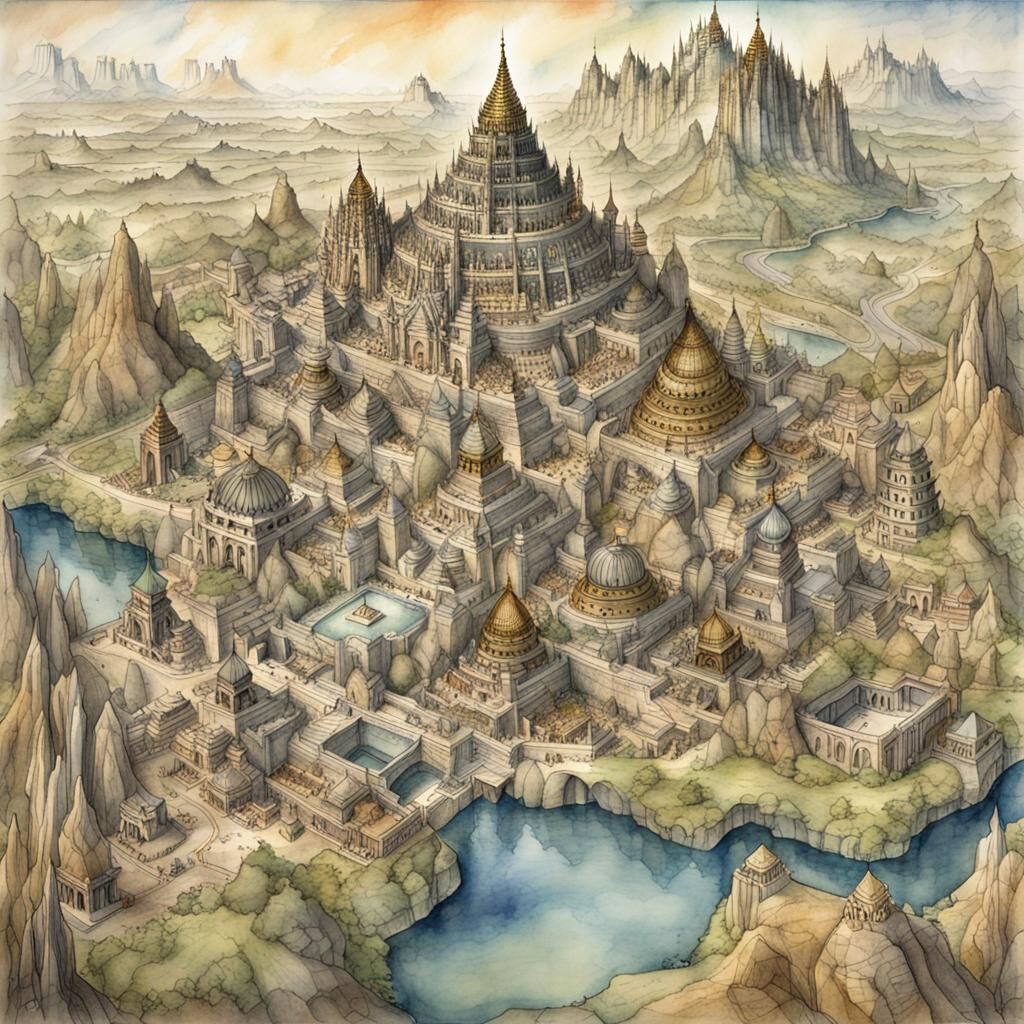Fantasy City Map Art in Watercolour Style