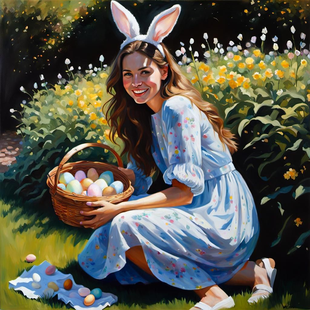 Girl Egg Hunting in Garden Acrylic Painting