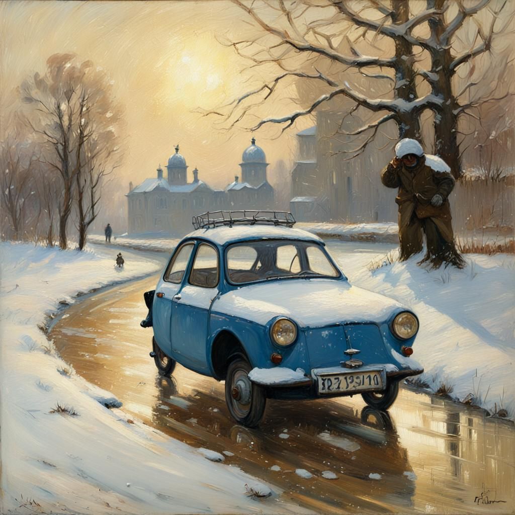 Winter Landscape with Reliant Robin in Impasto Oil