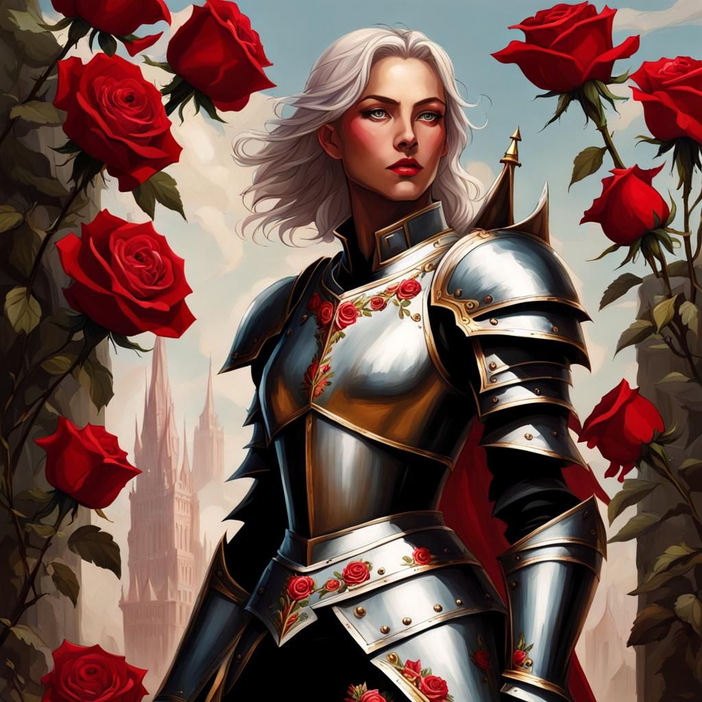 Rose Knight in White Armor with Red Roses