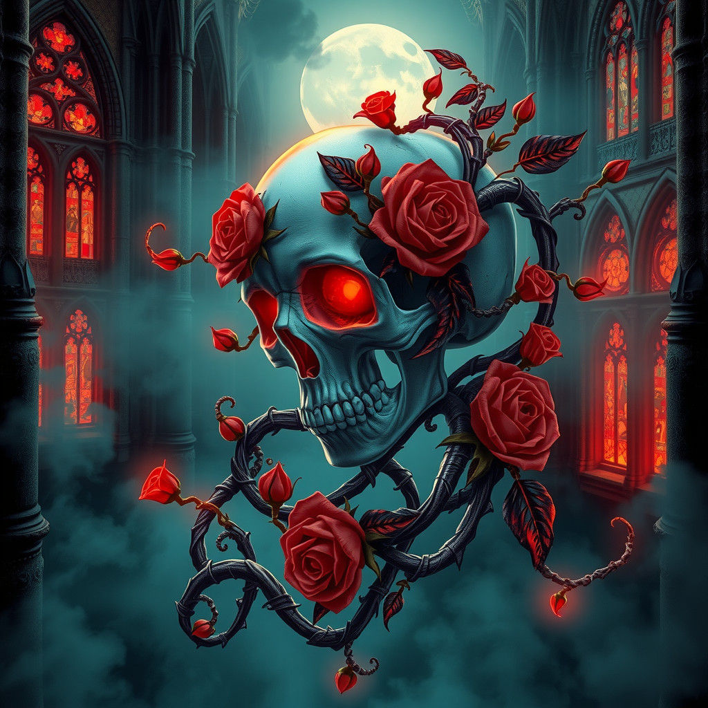 Neon Gothic Skull with Roses in Ethereal Glow