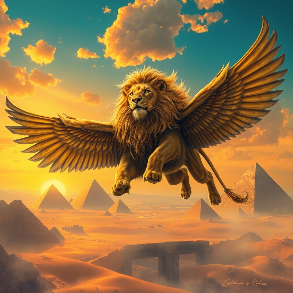 Golden Lion Soars Above Ancient Egyptian Pyramids