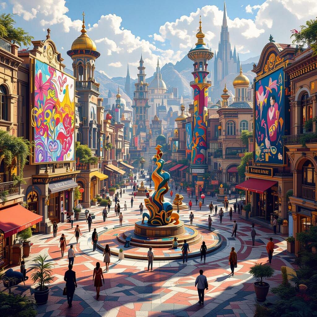 Vibrant City Square With Art, Theater, and Design Districts