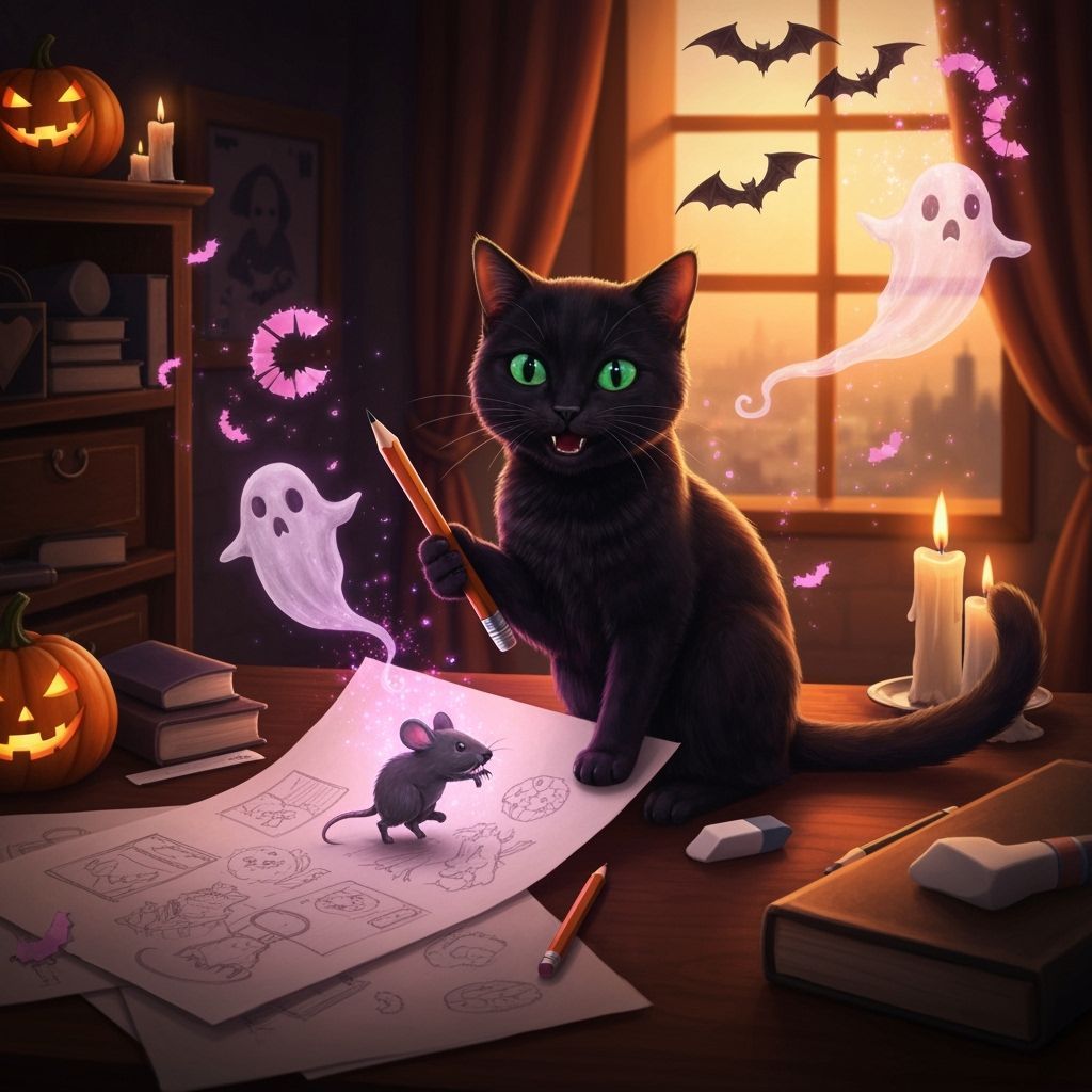 Mischievous Cat Steals Magic Pencil in Spooky Wizard's Study