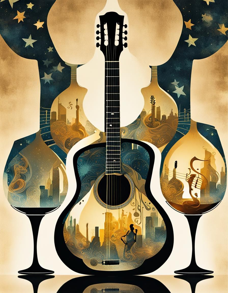 Surreal Guitar Decanter in Double-Exposure Collage