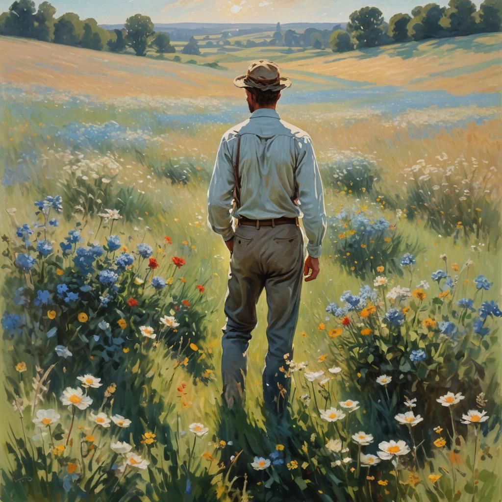 Impressionist Man in Flower Field Under Golden Light