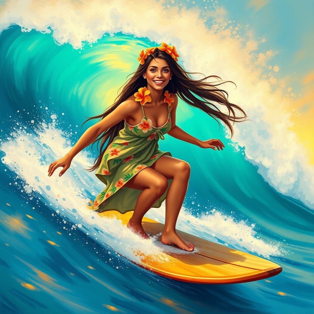 Hawaiian Goddess Riding a Turquoise Wave in Impressionist St...