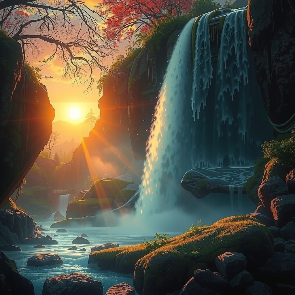 Mystical Waterfall at Sunset, in Cyberpunk Art Style