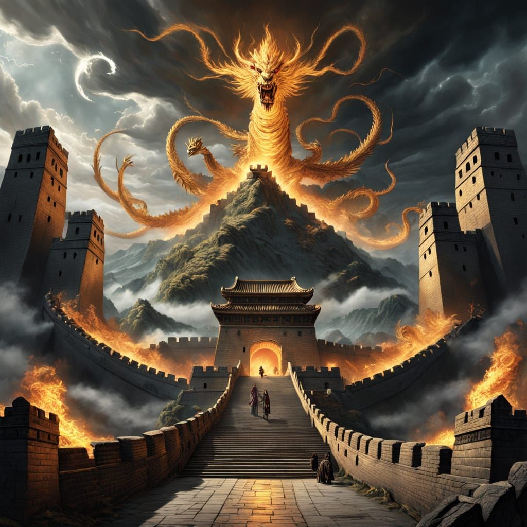 Celestial Gods Emerge Above Great Wall in Epic Fantasy Art