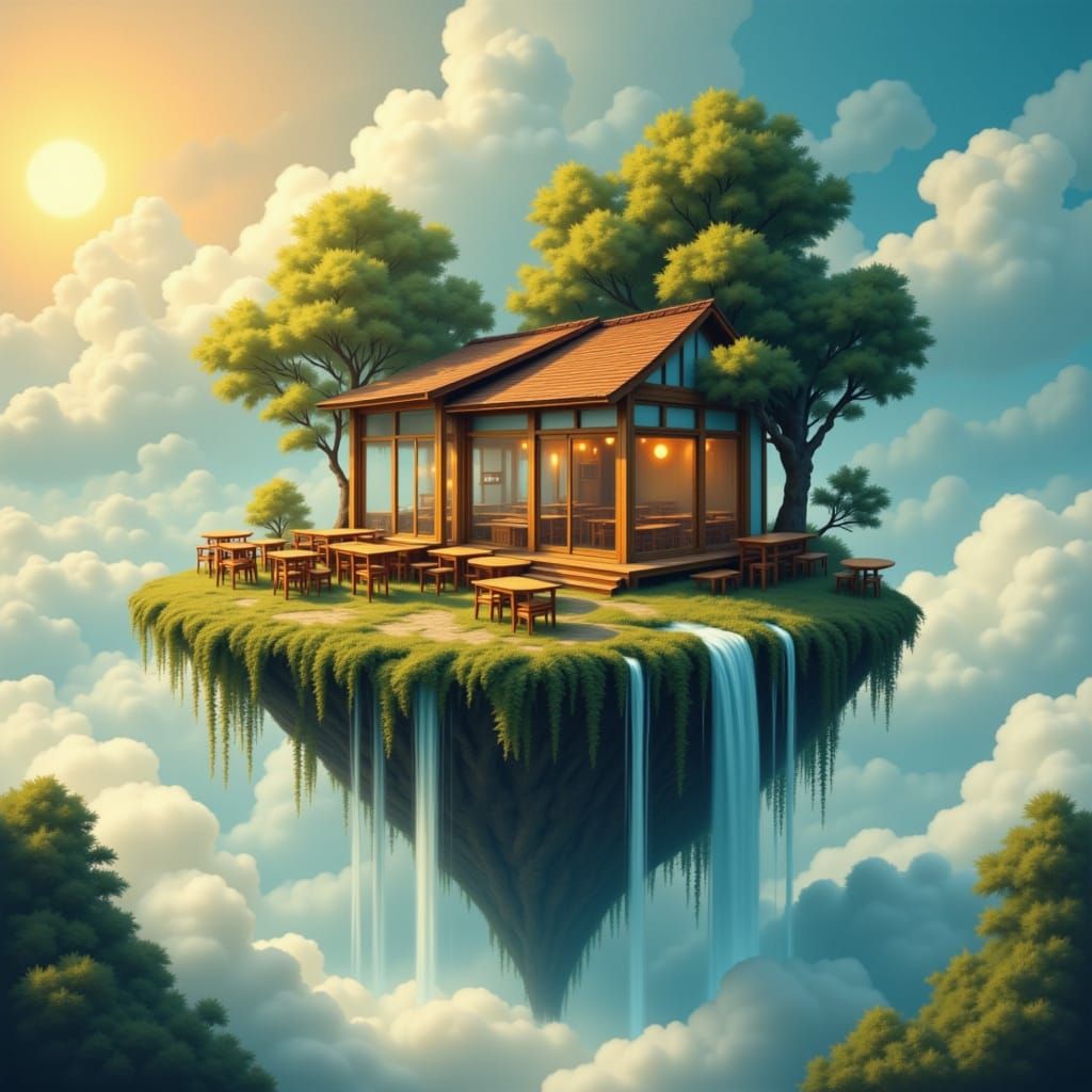 Cozy Cloud Cafe on Floating Island at Dawn