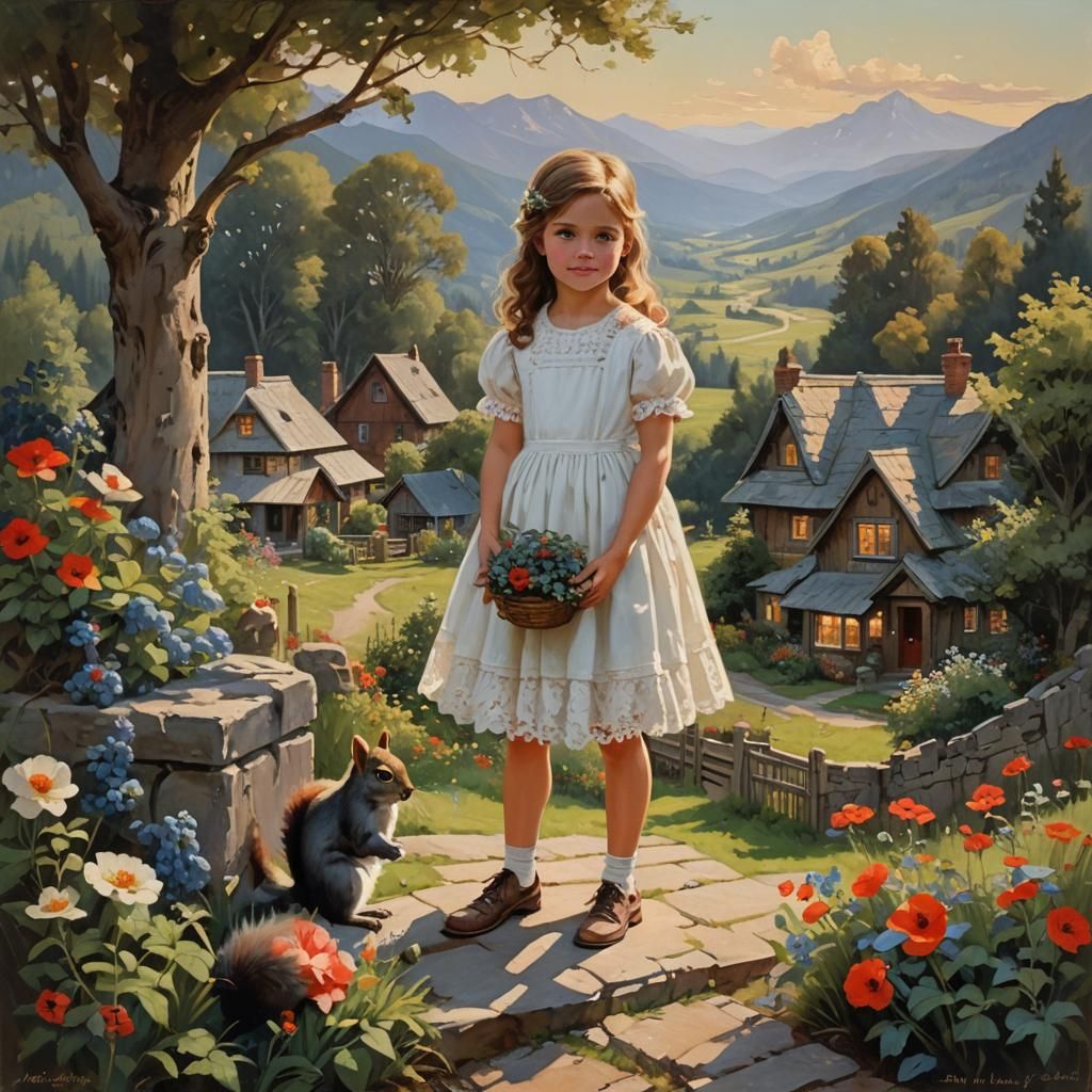 Girl on Cottage Porch, Oil Painting Style