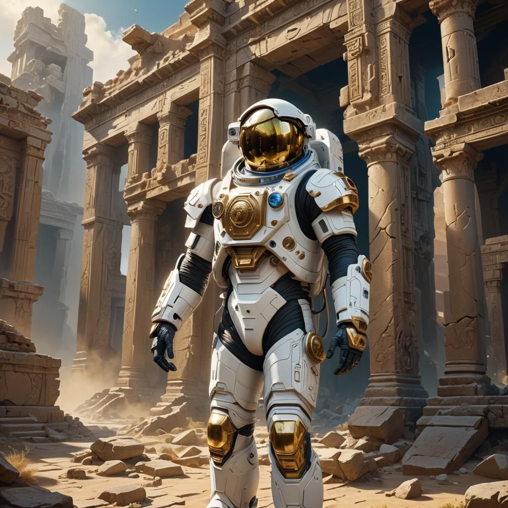 Astronaut Among Ancient Ruins in Detailed Matte Painting