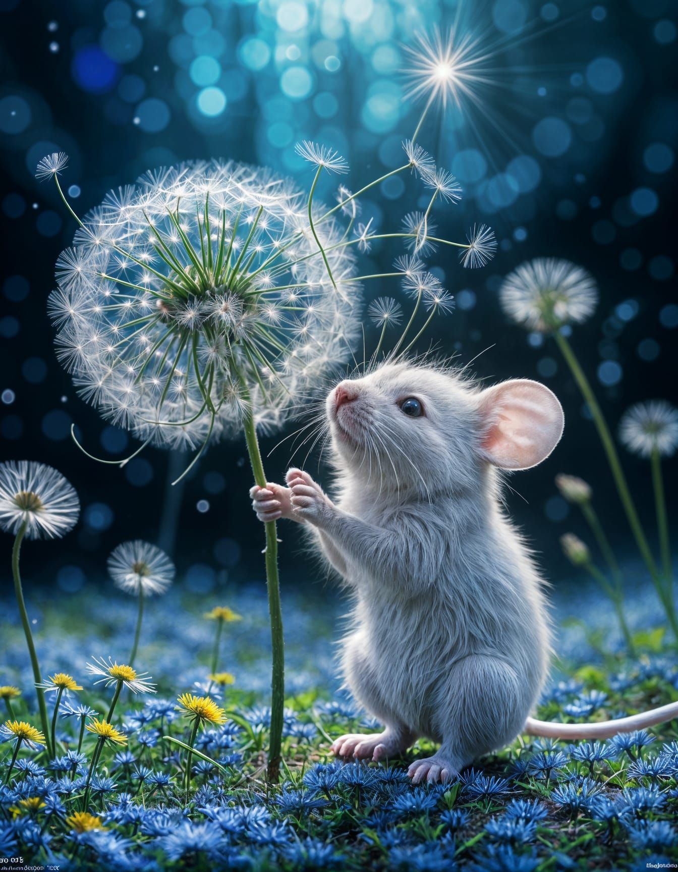 little mouse is holding in hands the large dandelion