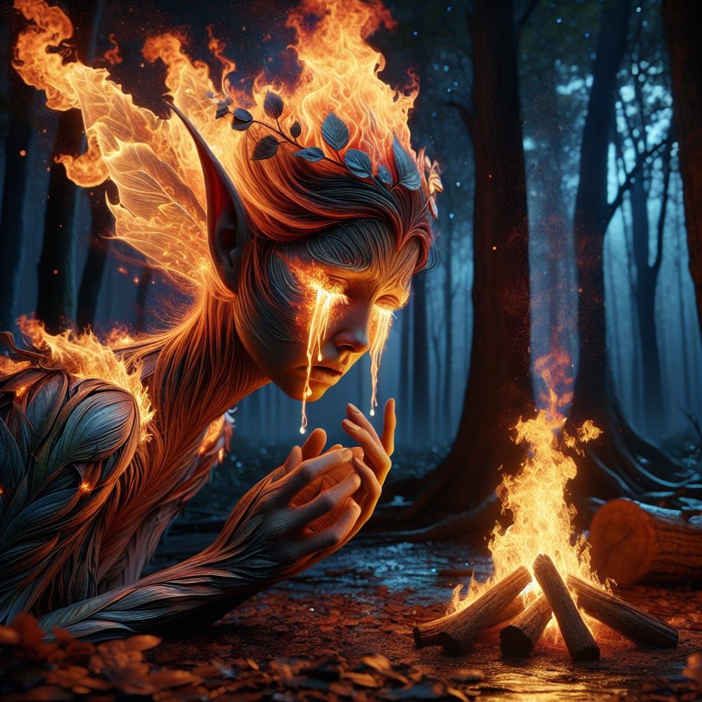 Fire Fairy Cries in Mystical Forest: Hyper-Realistic Detail