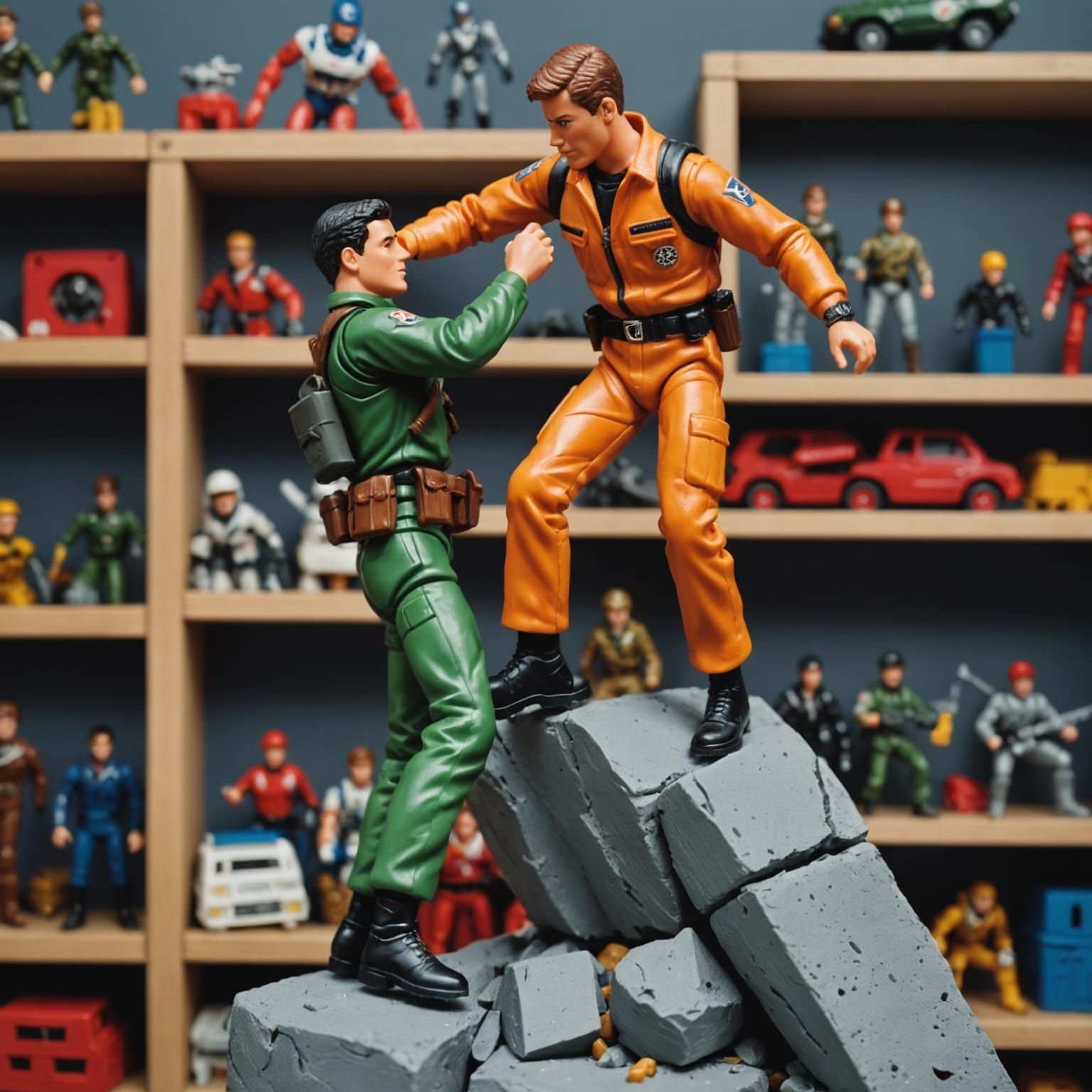 Action Figure Climbing Scene in 3D Digital Art