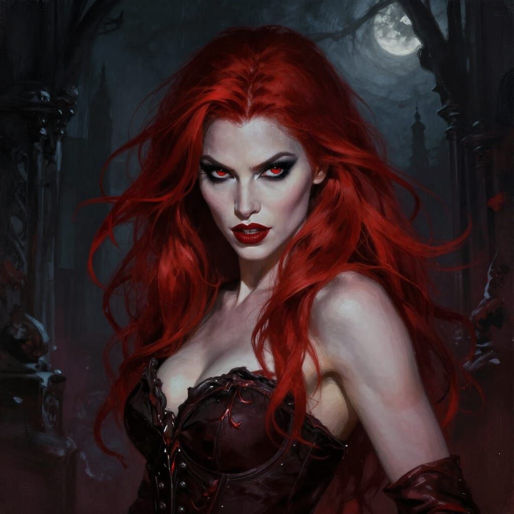 Red-Haired Vampire with Crimson Eyes in Gothic Setting