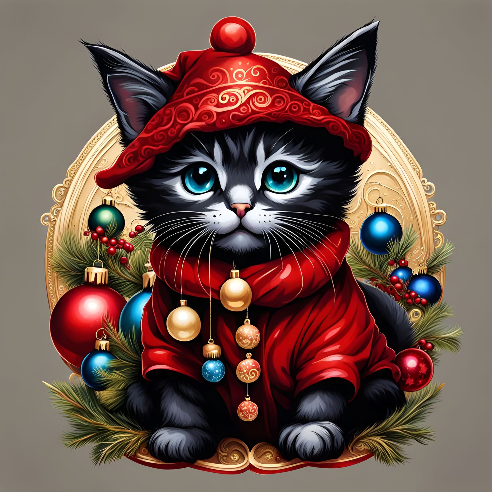 Festive Chibi Kitten as Santa Ornament: Gouache Art