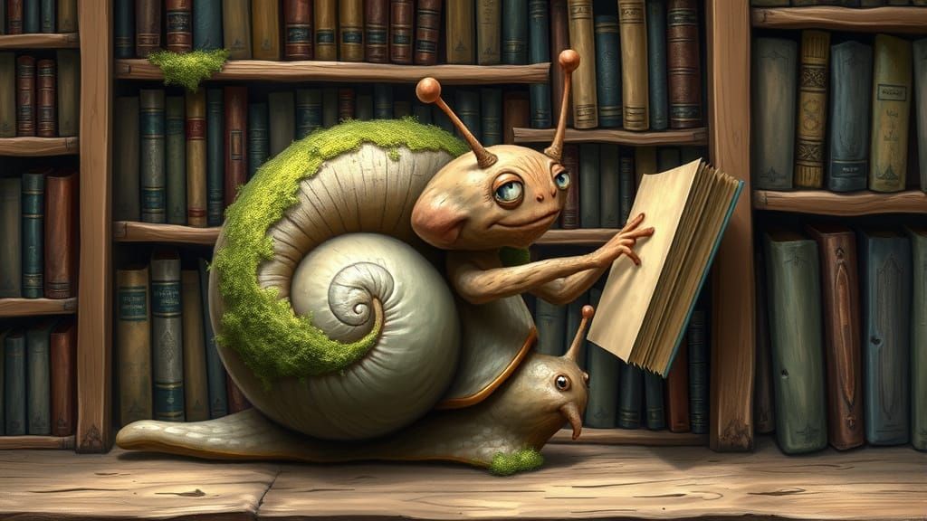 Curious Snail Reaching for Book in Library