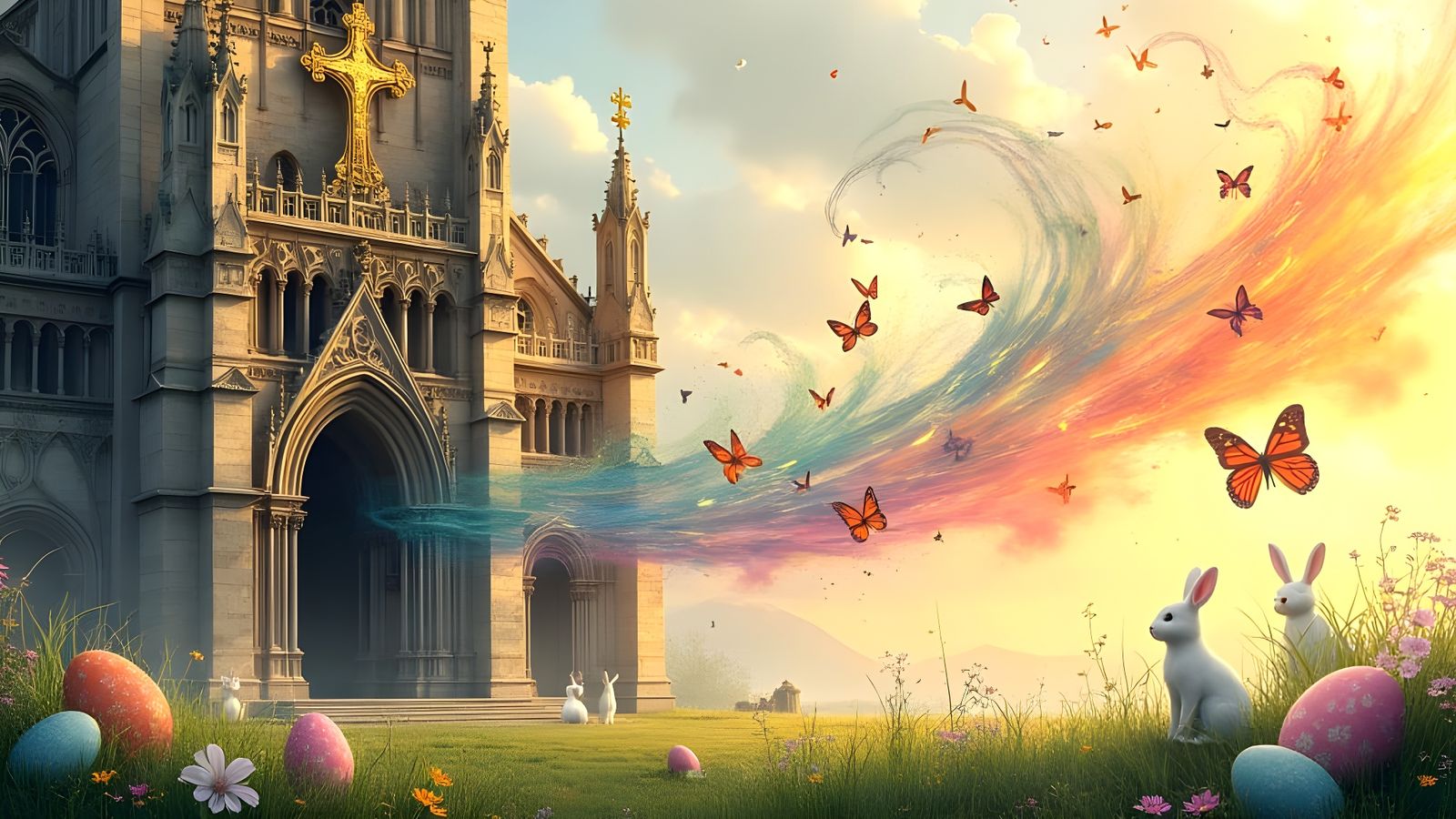 Majestic Cathedral at Sunrise with Dancing Bells and Swirlin...