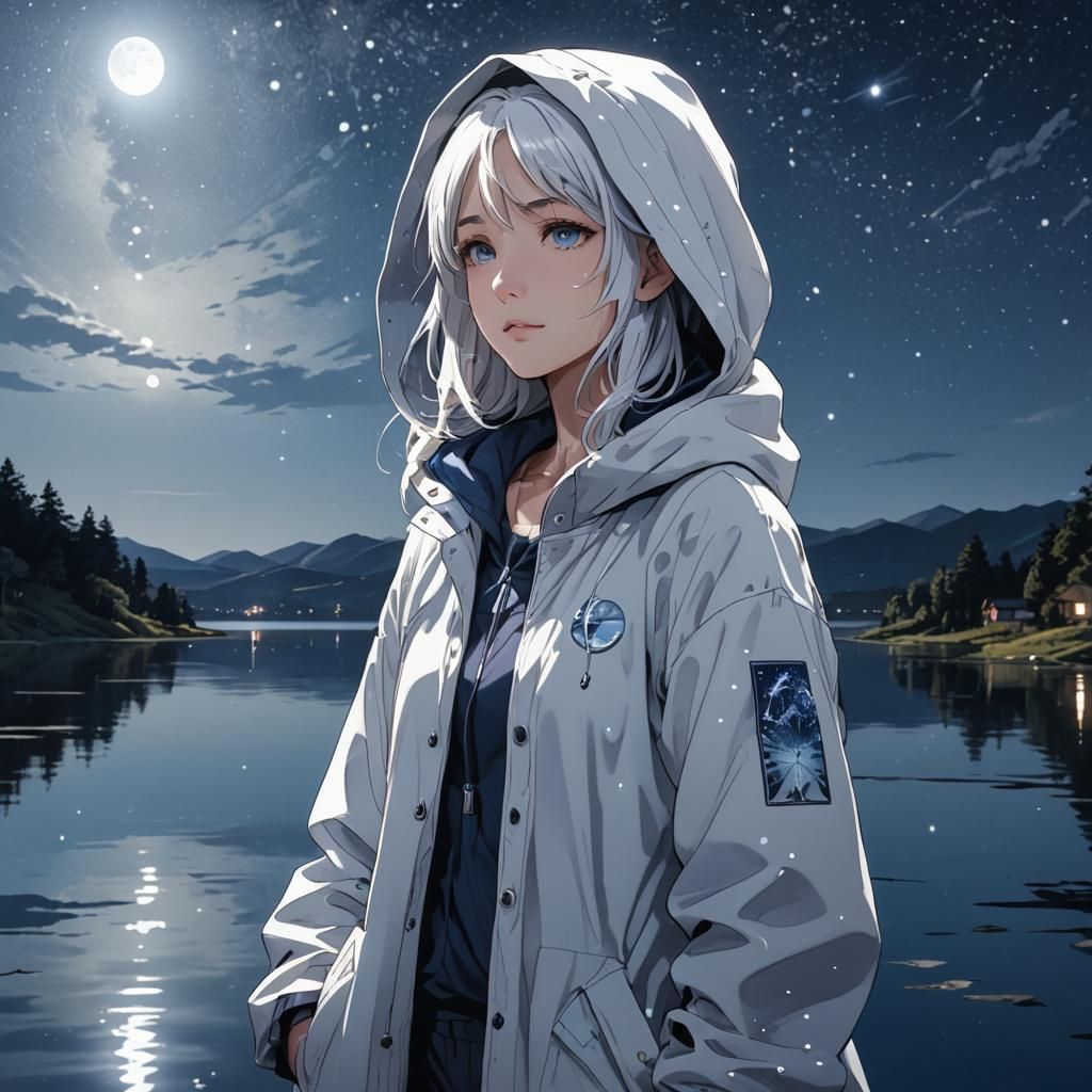 Anime Girl Gazing at Starlit Lake
