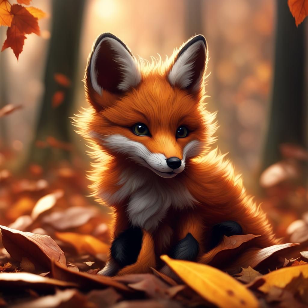 Fox Pup Autumn Leaves Matte Painting
