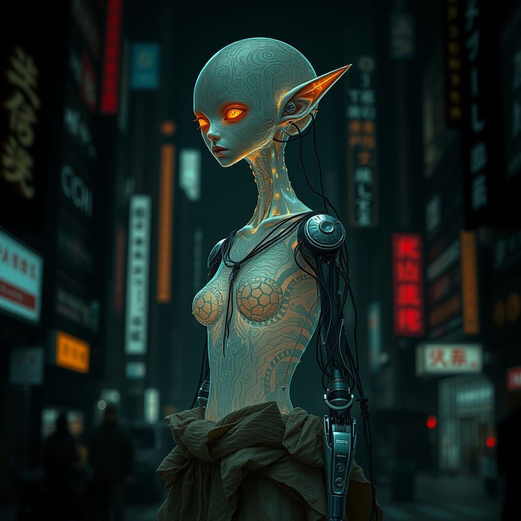 Biomechanical Japanese Ruby Orange-Woman-Empress in Dark Fut...