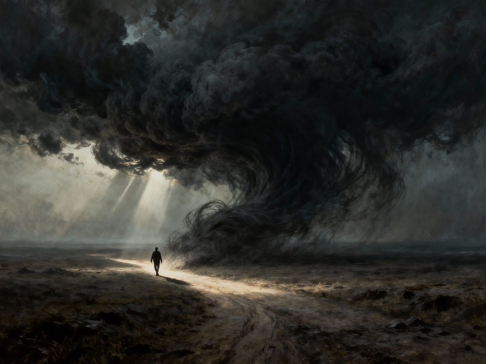 Surreal Landscape: Figure Pushed by Storm Clouds
