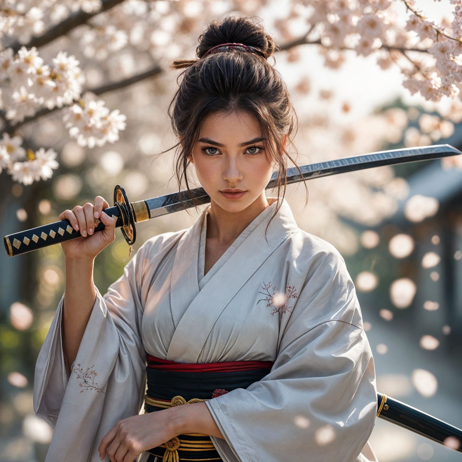 Woman Samurai with Katana Amidst Cherry Blossoms