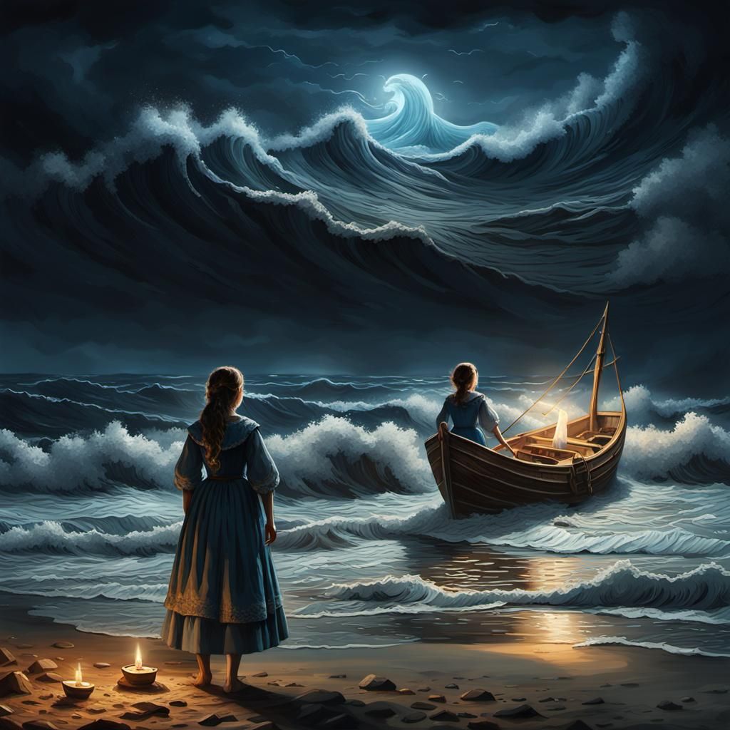 Medieval Woman and Gigantic Waves at Night