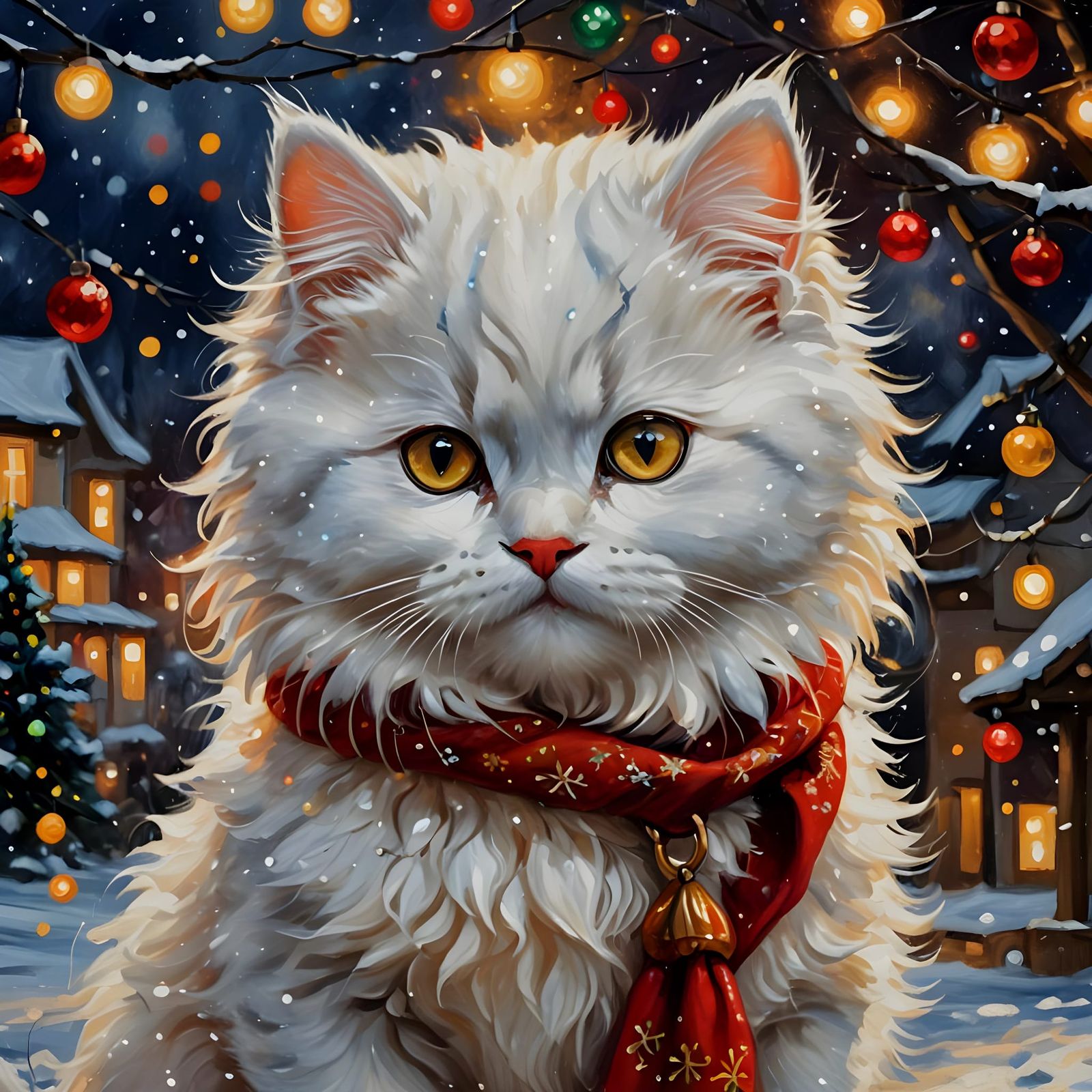 Christmas Kitten in Abstract Oil Painting