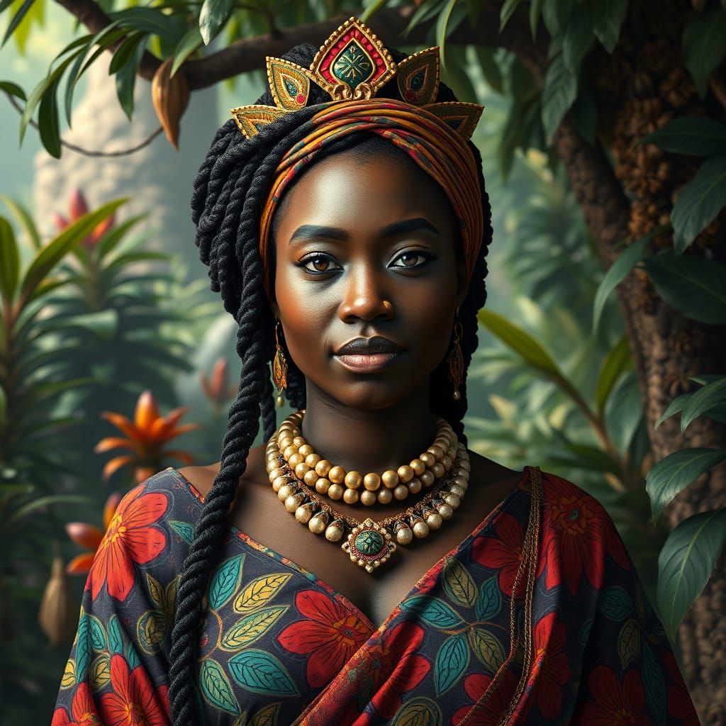 Regal Woman in African Attire, Matte Painting Style