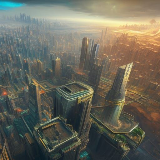 Overhead View of Massive Modern City in Matte Painting Style