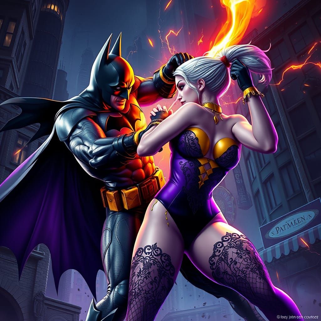 Batman Battles Harley Quinn in Dark Gothic City