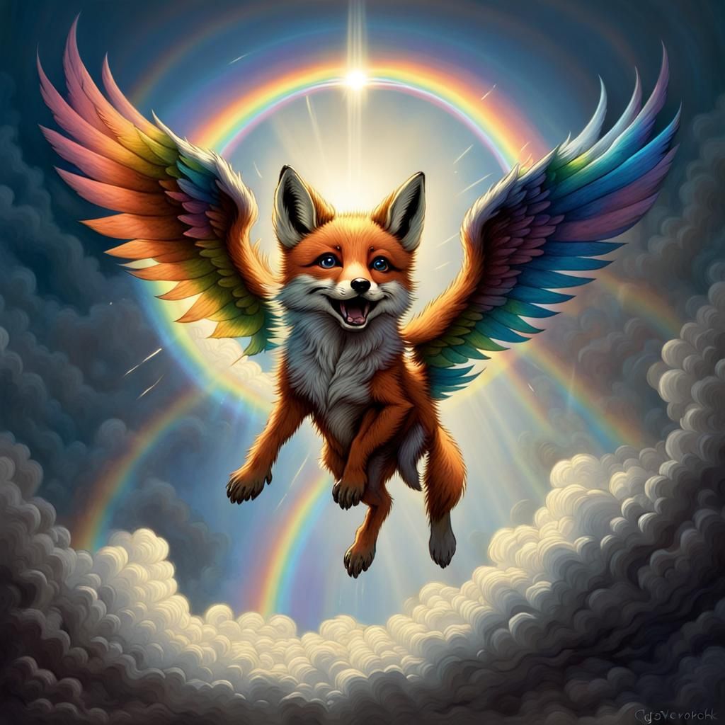 Winged Fox Pup in Flight: Dark Fantasy Illustration