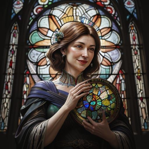 Woman Emerging from Vibrant Stained-Glass Window in Hyper-Re...