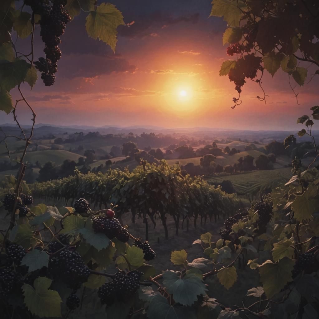 Berries on Vines Against Deep Sunset Horizon