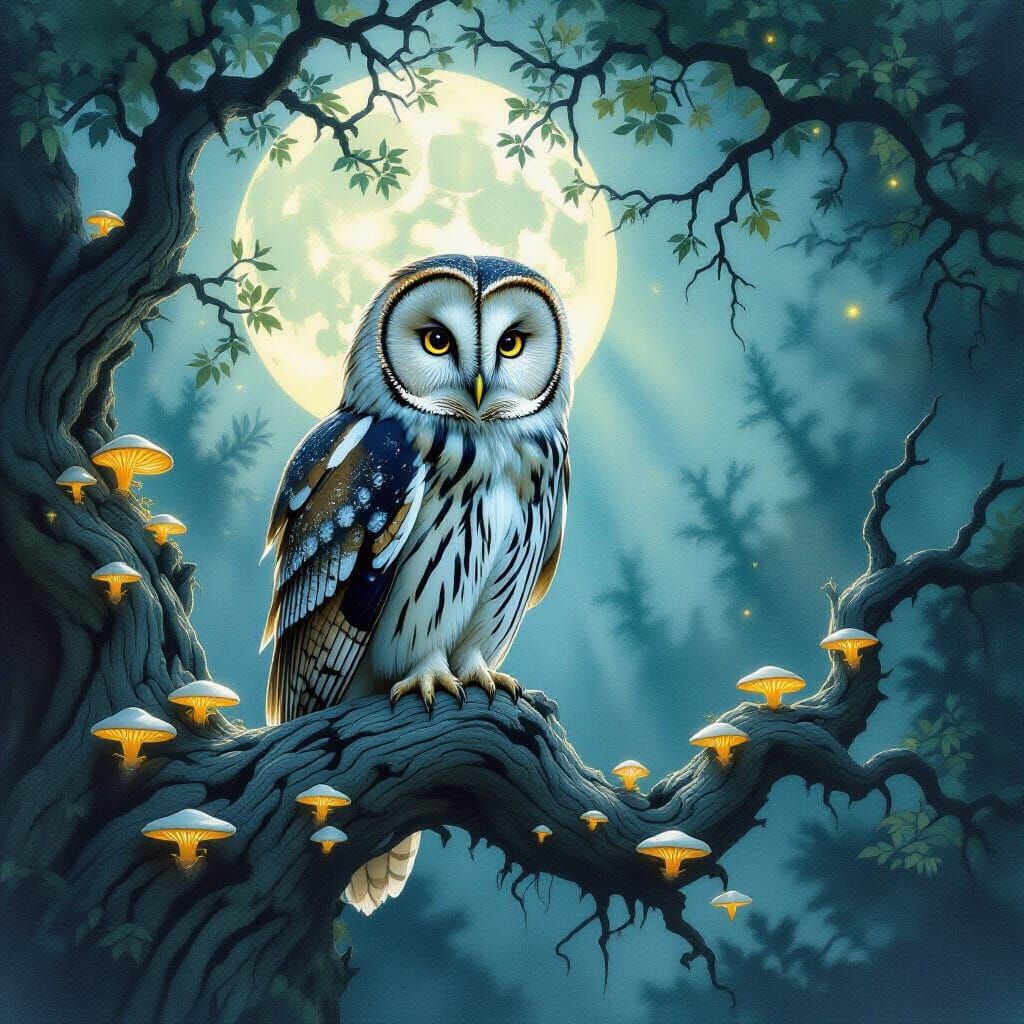 Majestic Owl on Ancient Branch Under Moonlight