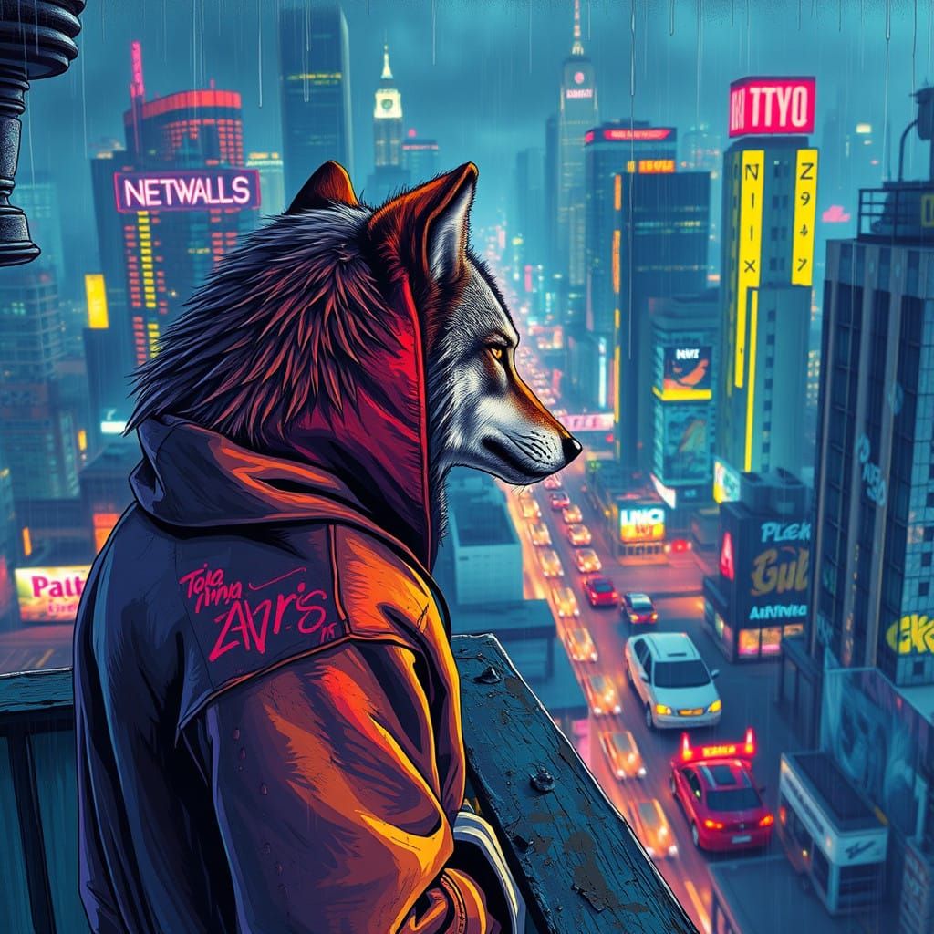 Electric Wolf Gazing Out at Neon Cityscape