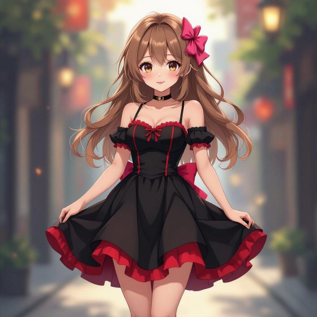Pretty Anime Girl in Black and Red Dress