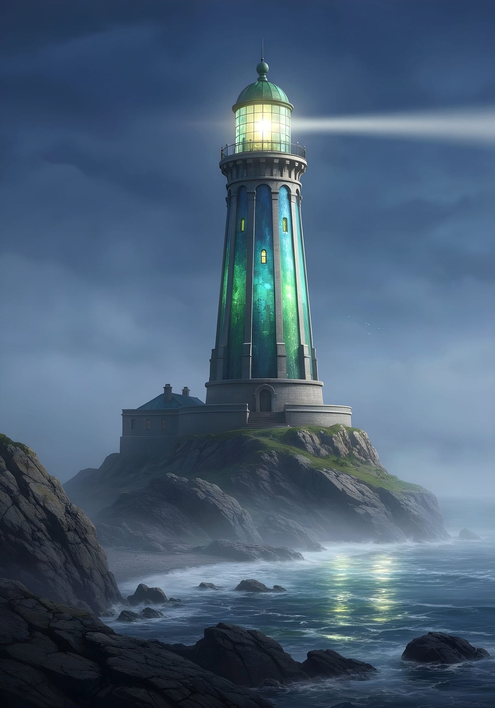 Sea Glass Lighthouse in Misty Twilight