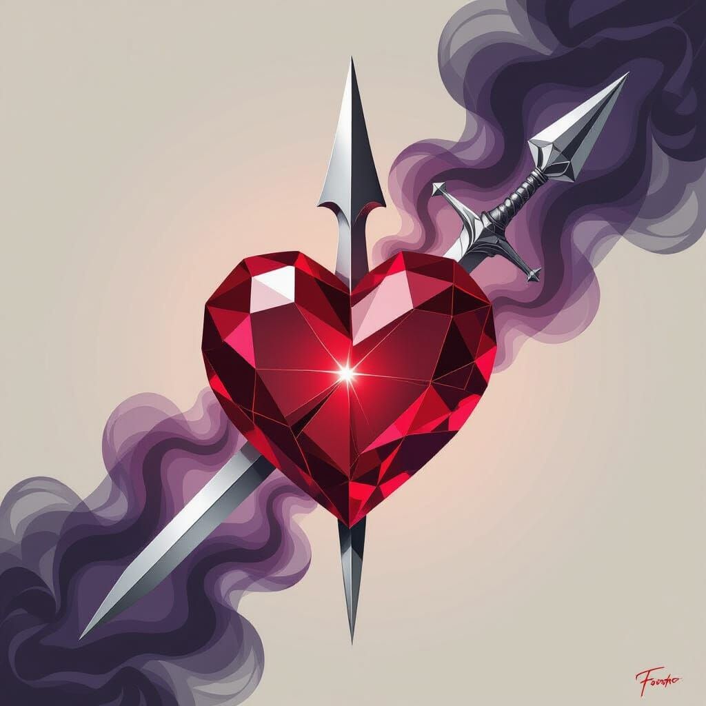 Cracked Ruby Heart Pierced by Silver Spear in Dramatic Light