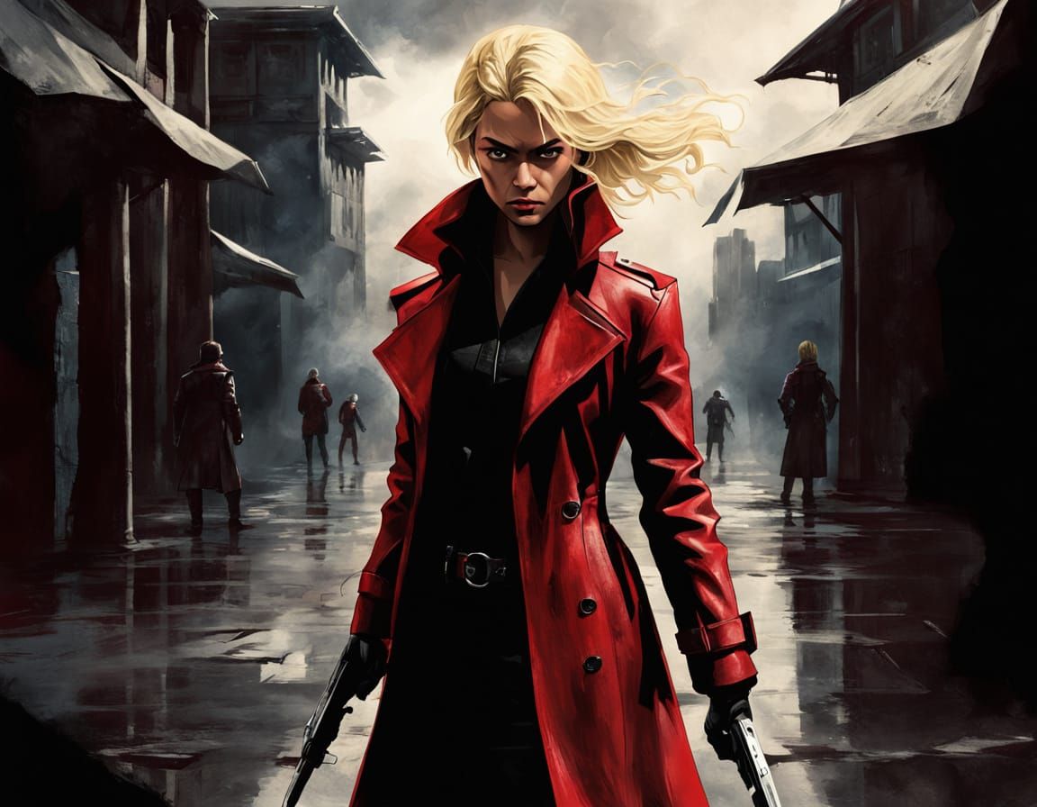 Sinister Blonde Assassin in Red Leather