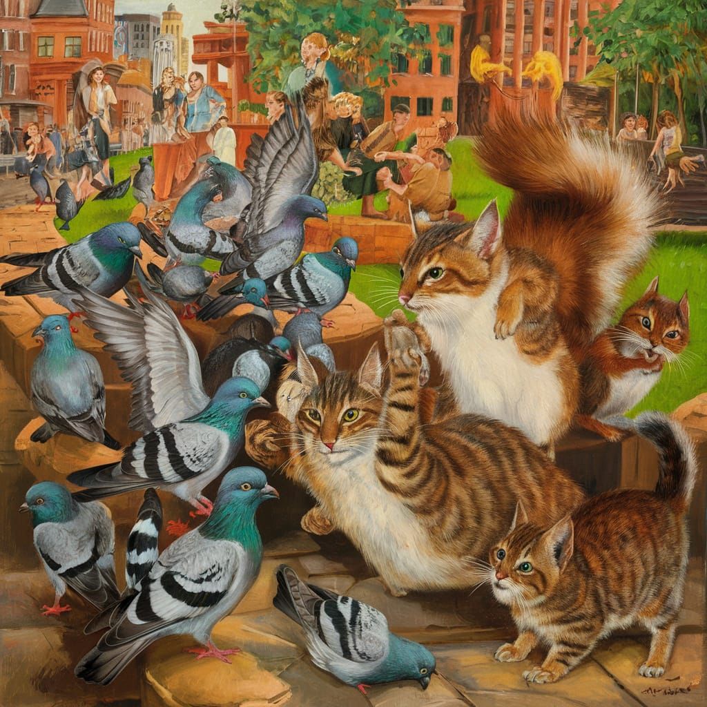 Urban Wildlife Battles: Pigeons, Cats, Squirrels Painting