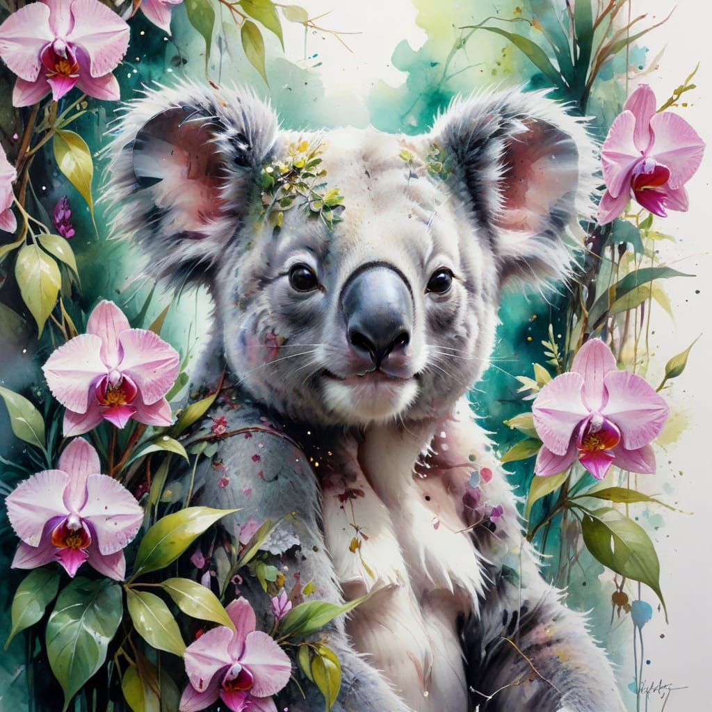 Watercolor Koala in Tropical Orchids Whimsical Art