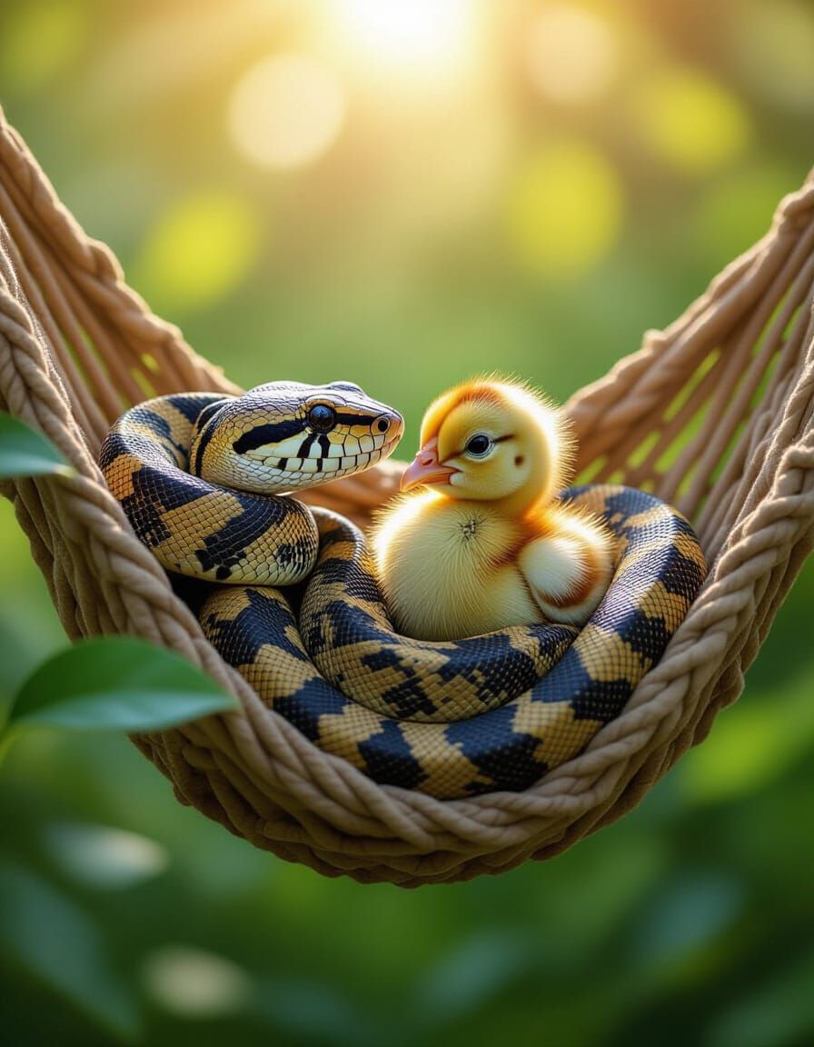 Snake and Chick Cuddle in Hammock, Photorealistic 8K