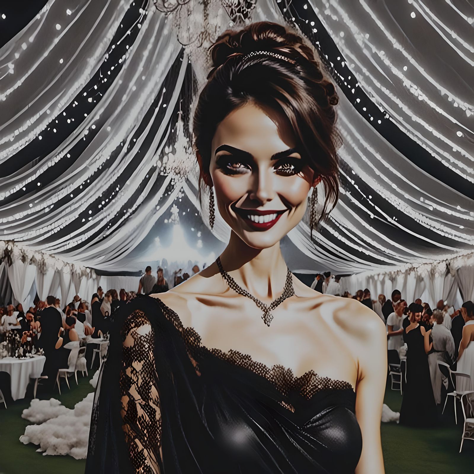 Woman in Black Dress at Festive Event