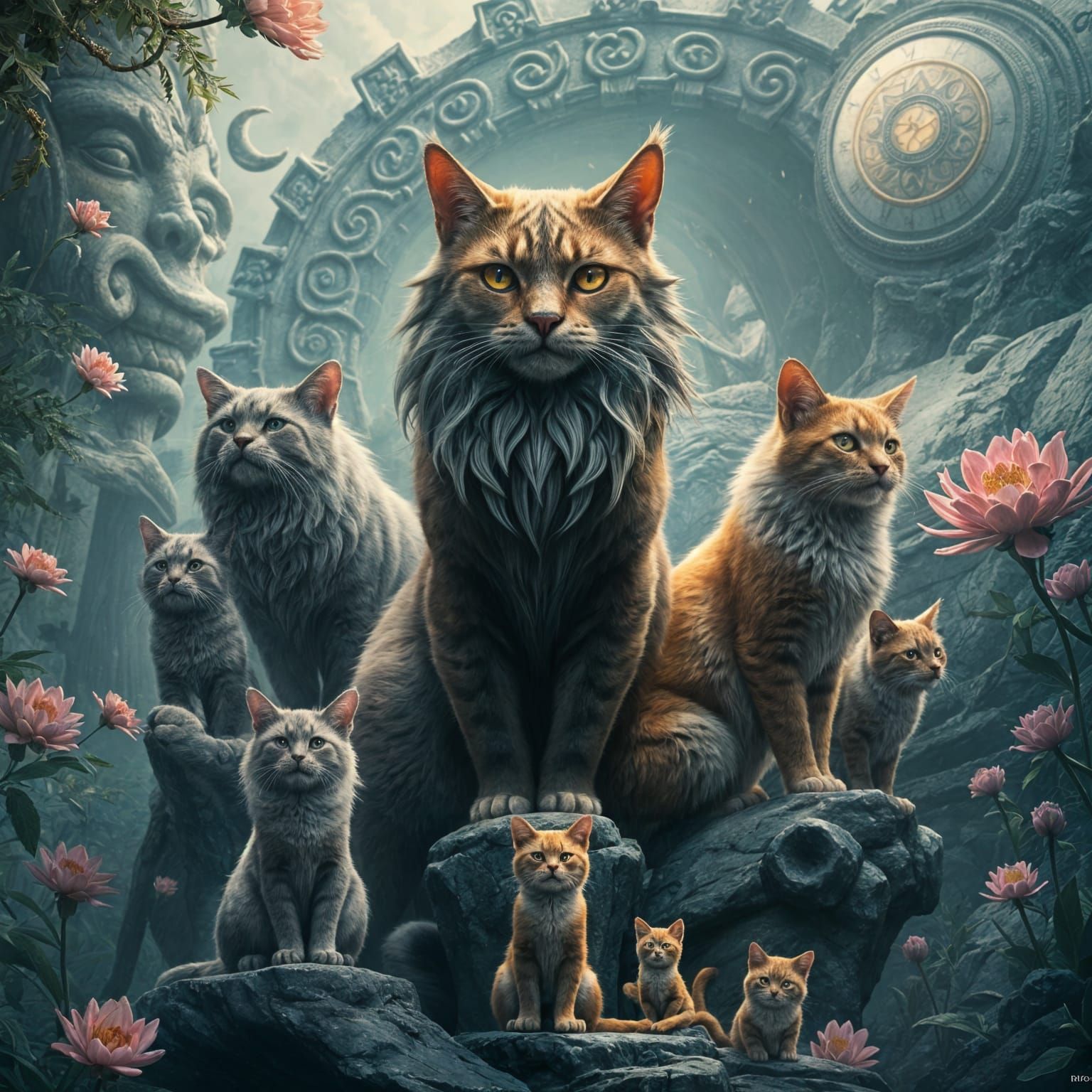 Majestic Cats in Whimsical Fantasy Landscapes