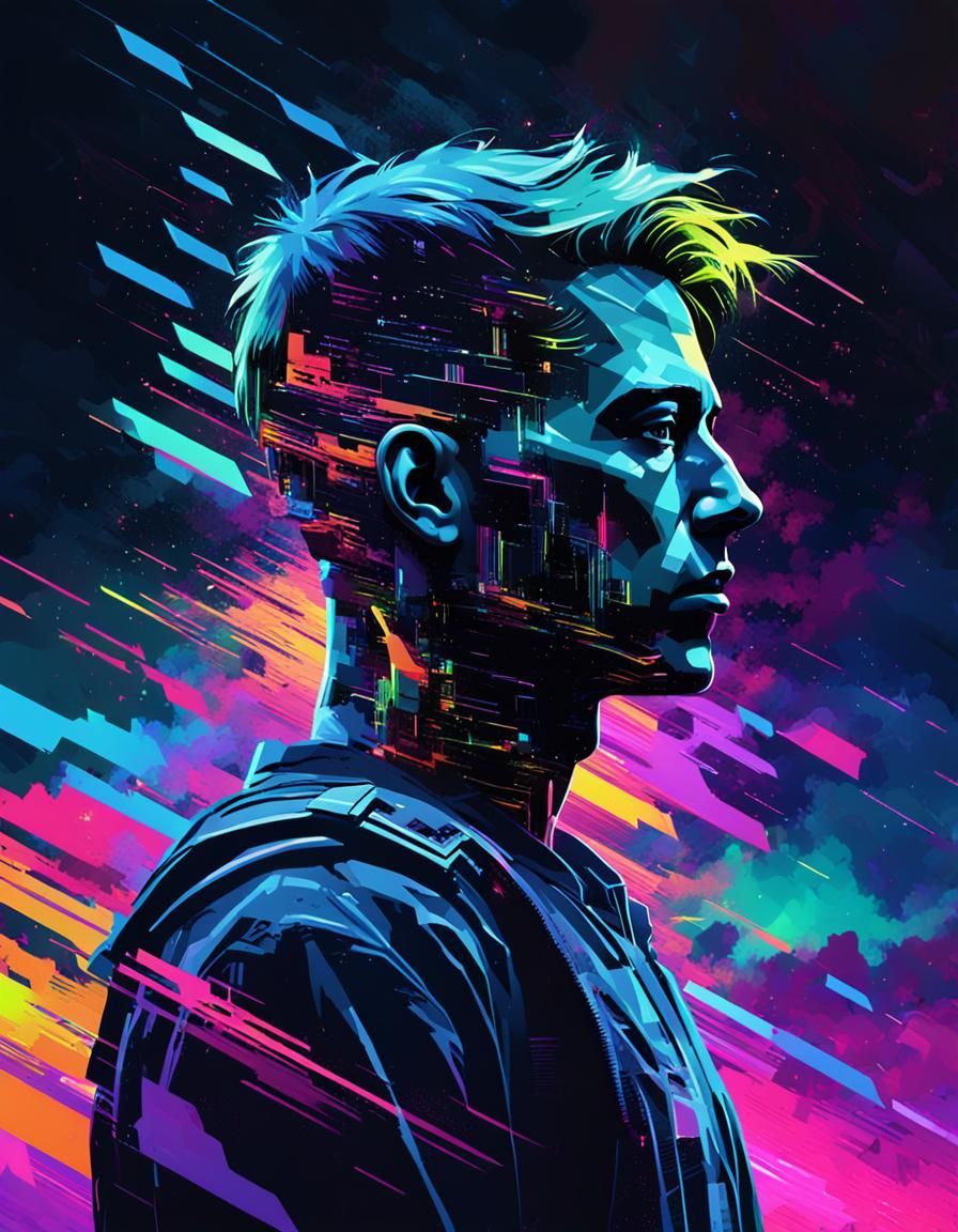 Glitch Art Silhouette with Neon Cyberpunk Stars