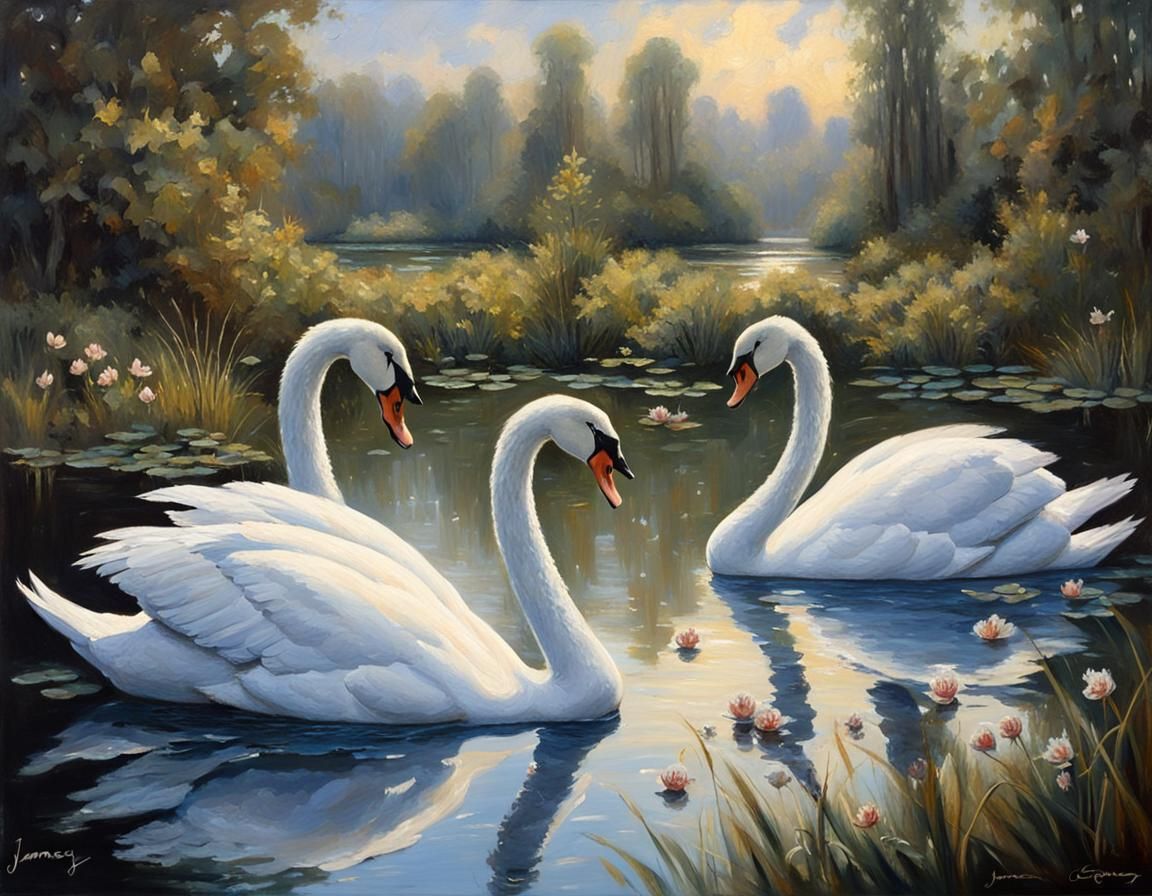 Silver Swans with Crowns: Oil Painting